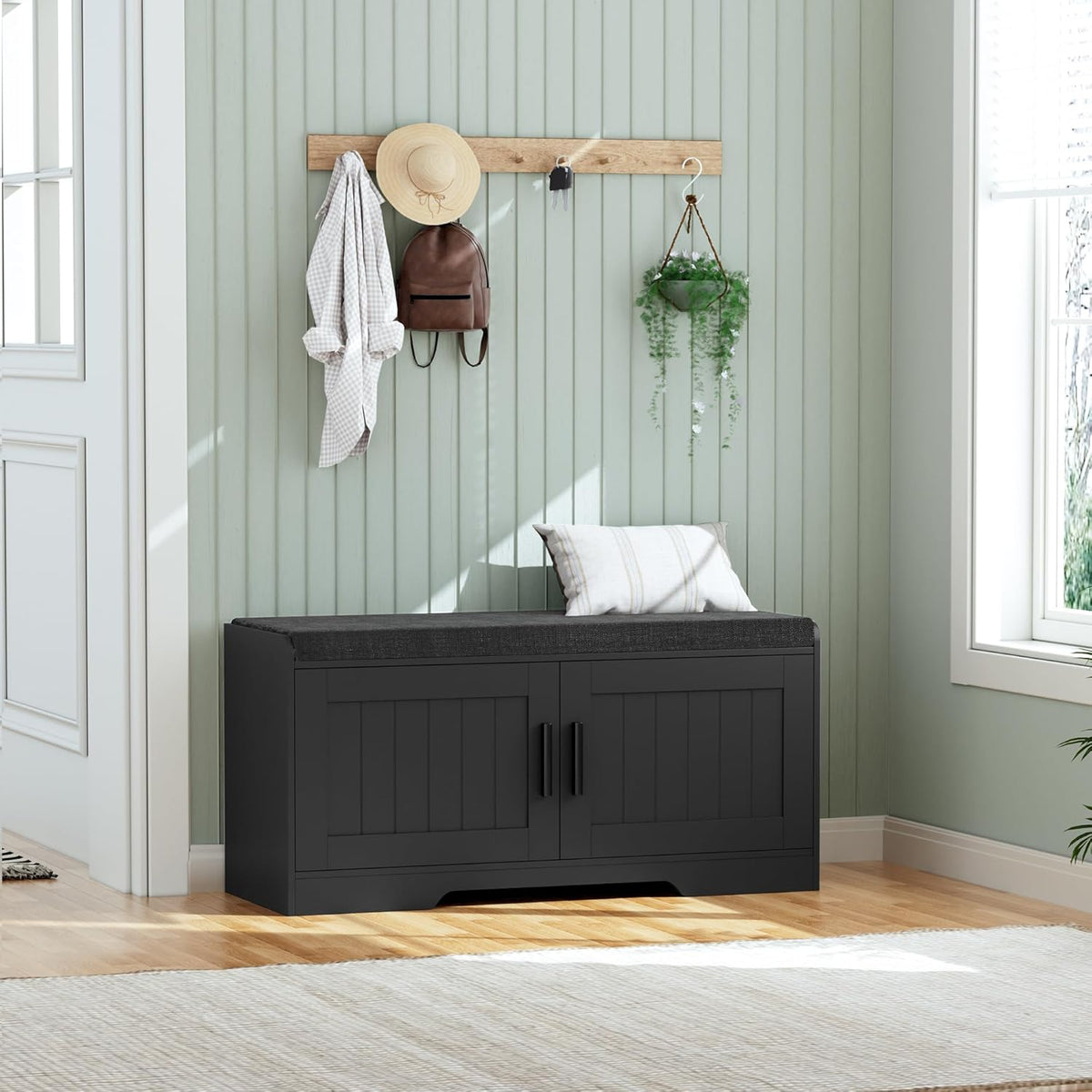 2-Tier Storage Bench, Shoe Bench with Thickened Padded Seat Cushion, Entryway Bench with 2 Doors