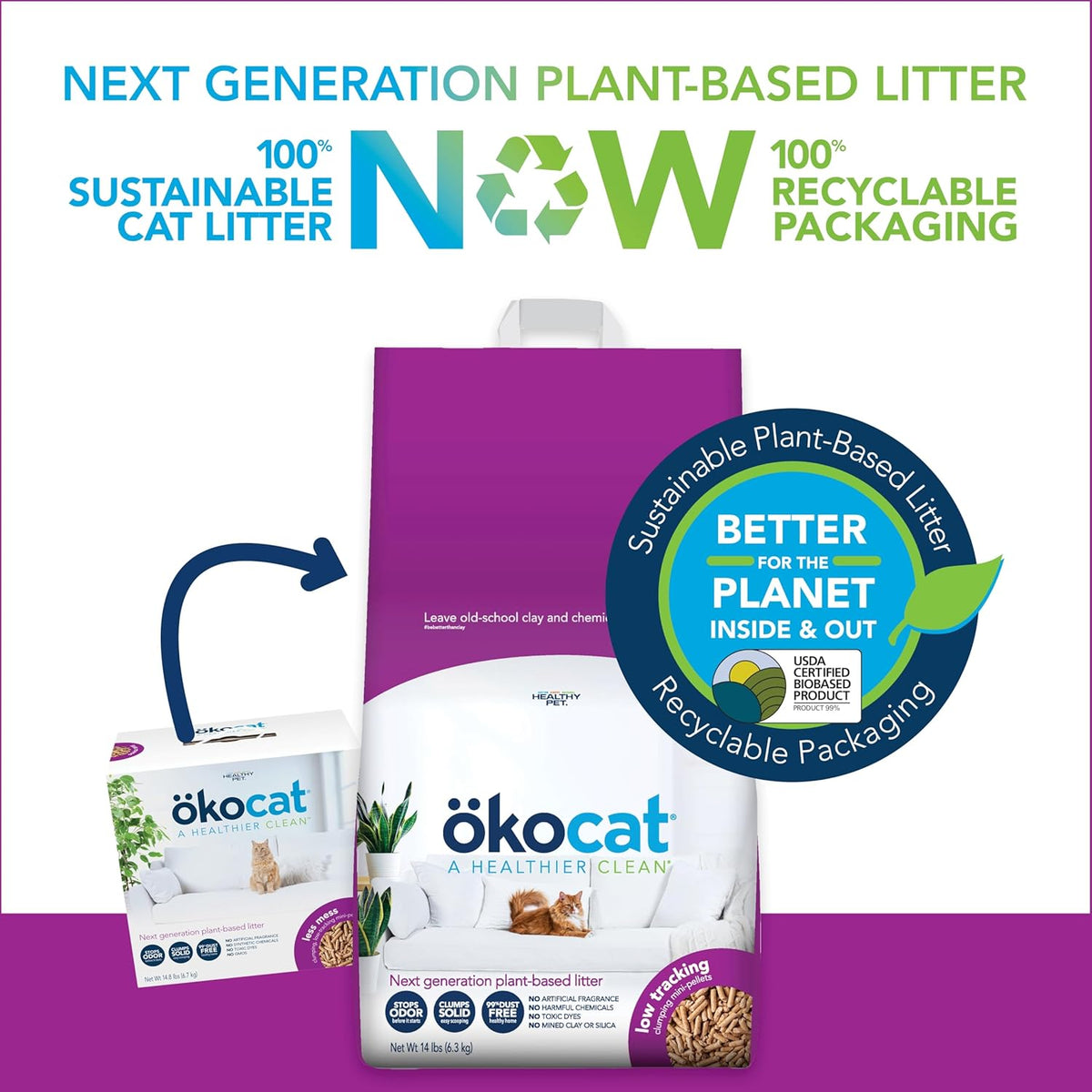 ökocat Less Mess Low Tracking Wood Clumping Cat Litter Mini- Pellets, Unscented, 21.5 pounds