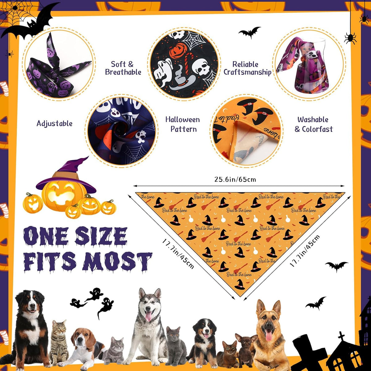 Abbylike 50 Pcs Halloween Dog Bandanas Bulk Pet Scarfs Triangle Bibs Adjustable Washable Puppy