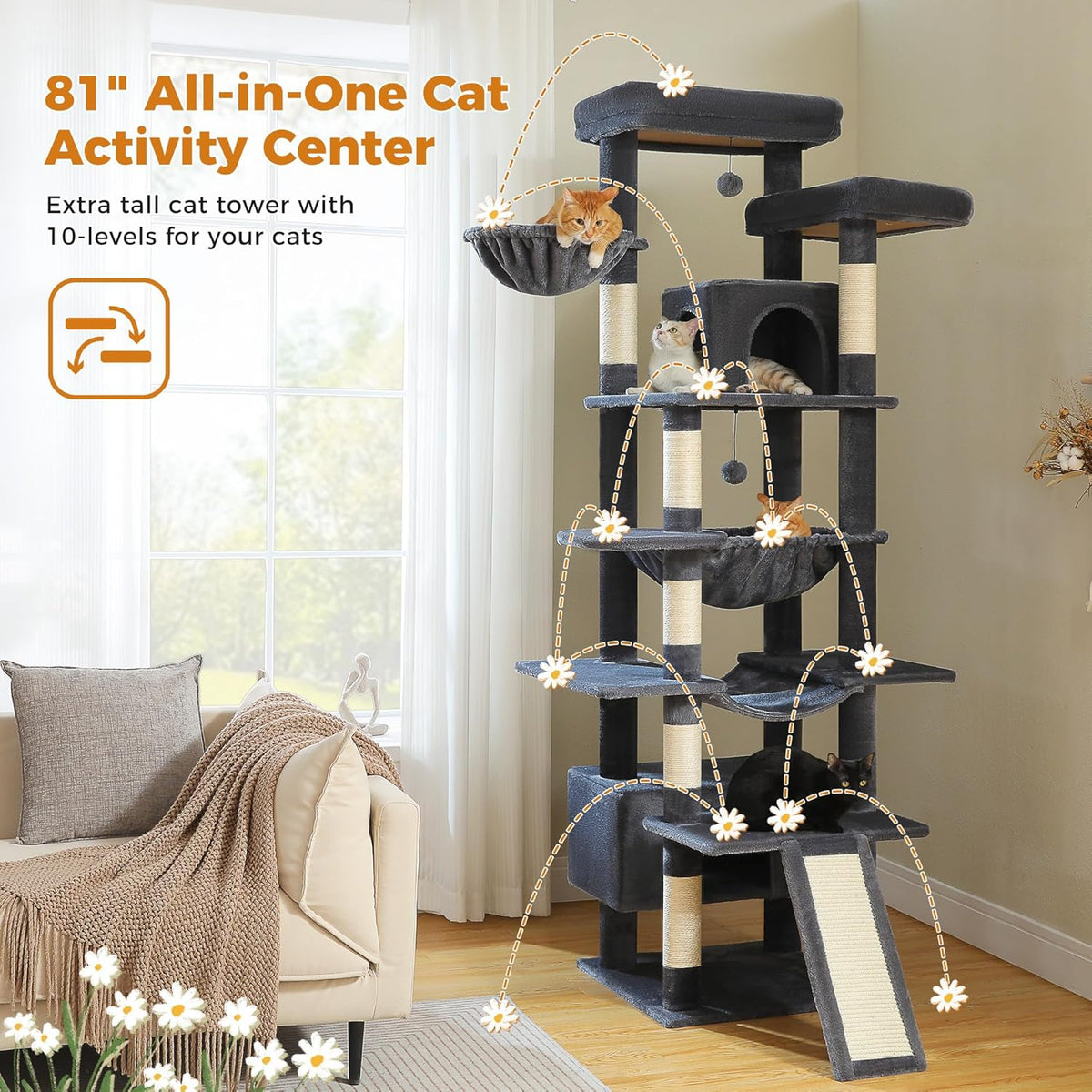 81 Inch Tall Cat Tree for Big Cats & Multi-Cat Homes, Large Heavy Duty Cat Tower with Metal Frame