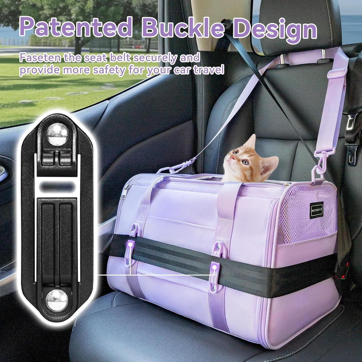 PETSFIT Soft-Sided Cat Carriers & Car Seats with Patent Safe Buckles, Clip-On Harness, 18"x11"x11"