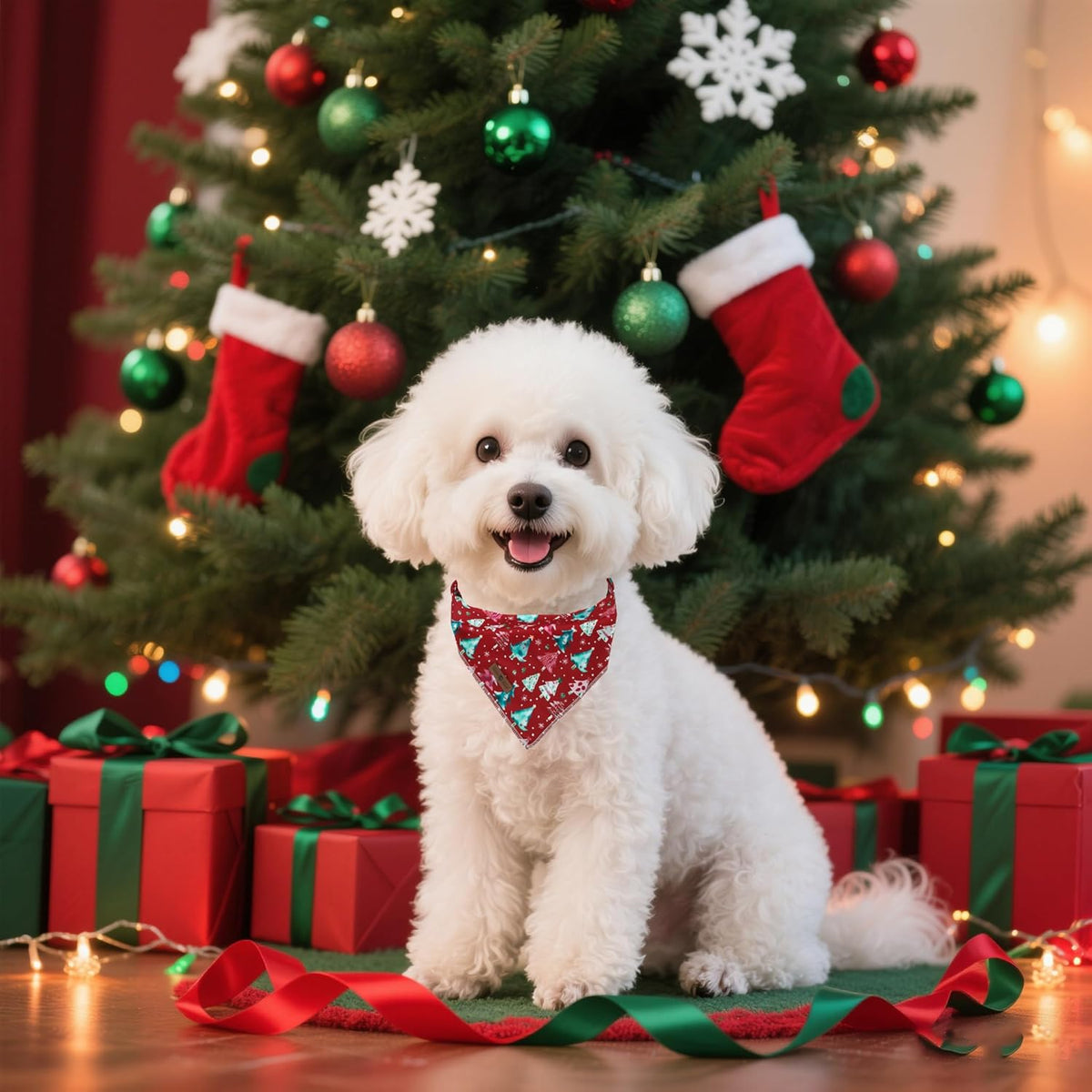 lionet paws Christmas Dog Bandana,Christmas Tree Fabric Dogs Kerchief for Medium Large Dogs,Dog