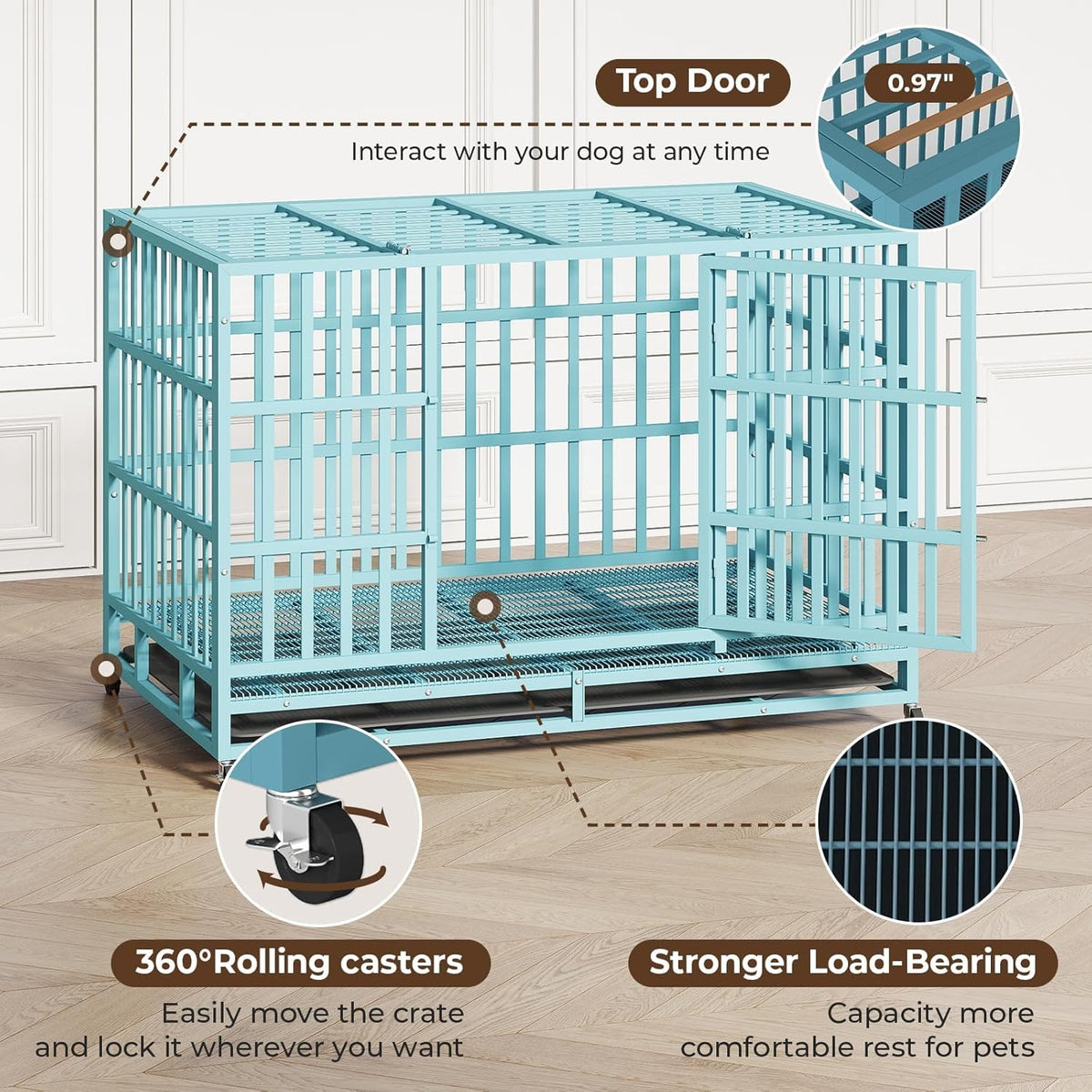 48IN Heavy Duty Dog Crate Steel Escape Proof, Indoor Double Door High Anxiety Cage Removable Tray