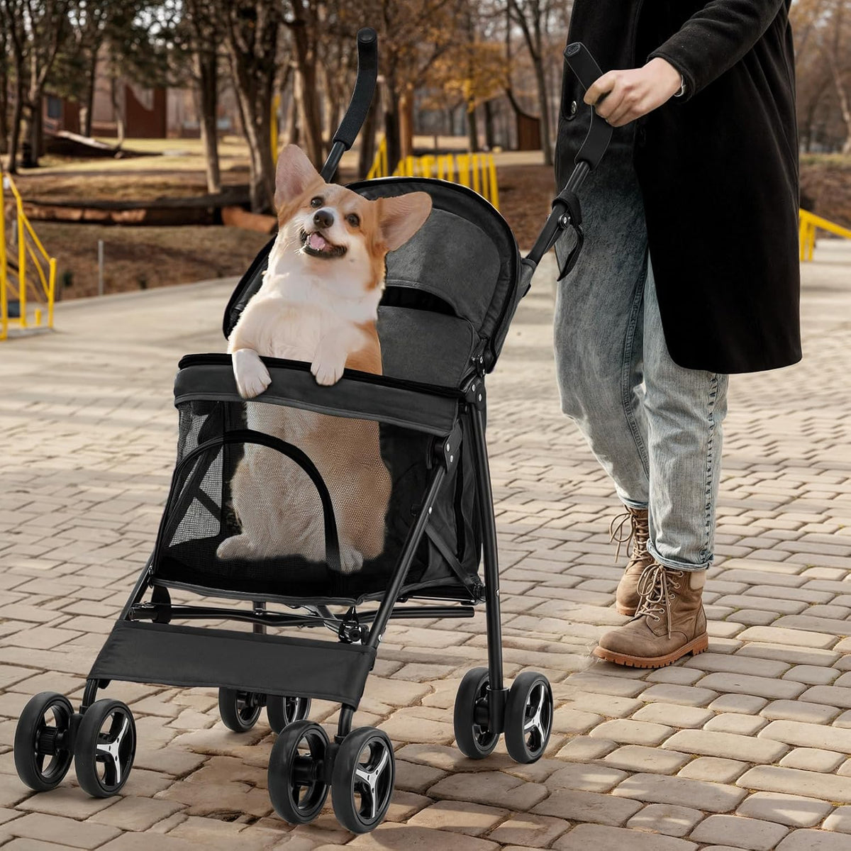 MoNiBloom 4 Wheels Pet Stroller, Easy-Fold Puppy Cage Jogger Stroller with Sun Cover, Pad and Rear