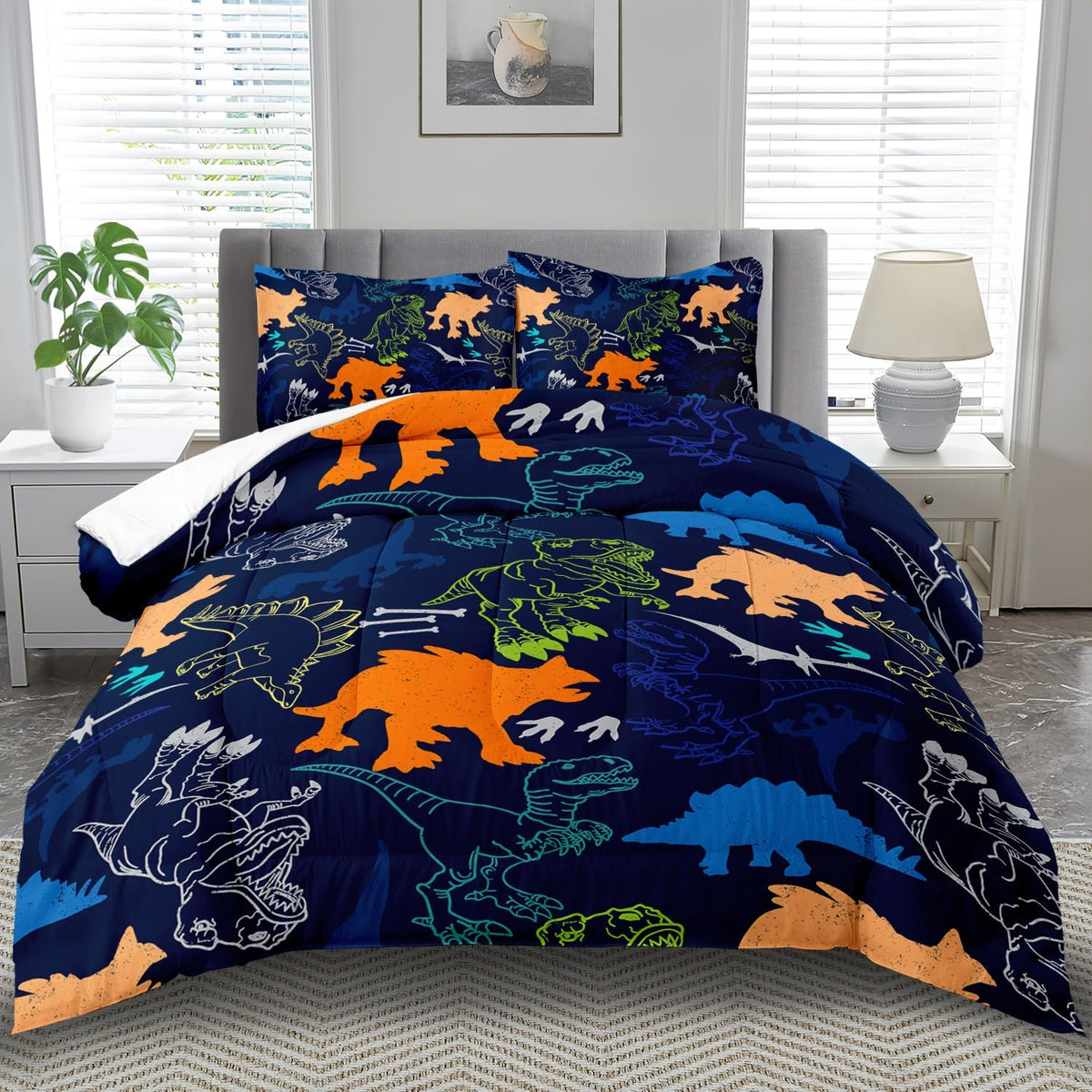 Blue Dinosaur Comforter Set King Boys,Cute Dinosaur Bedding Set King for Kids,Kawaii Dragon