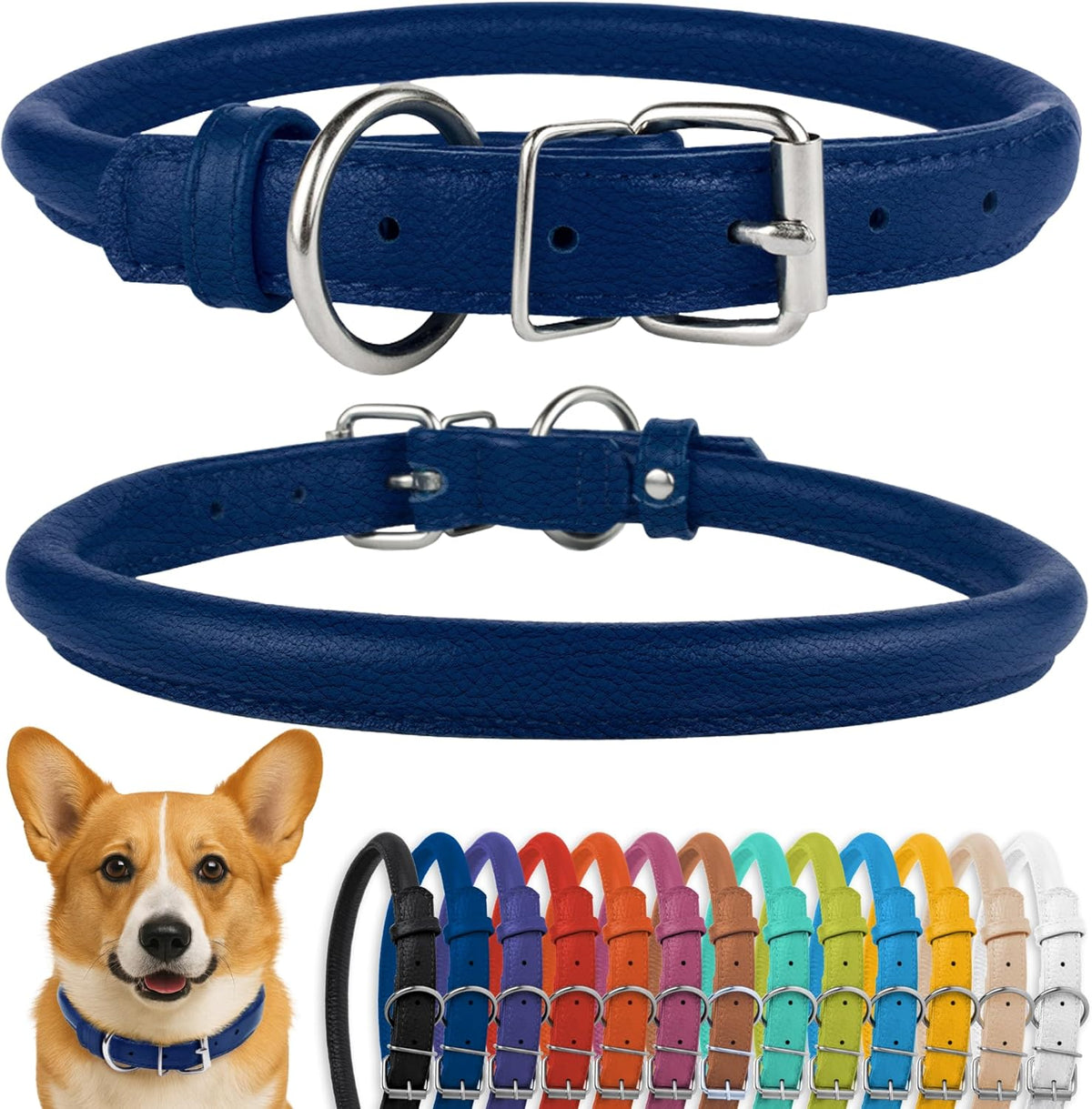CollarDirect Rolled Leather Dog Collar, Soft Padded Round Puppy Collar, Handmade Genuine Leather