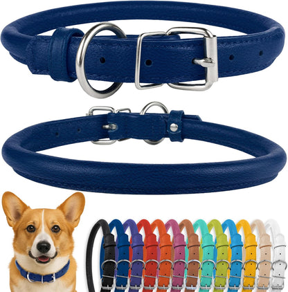 CollarDirect Rolled Leather Dog Collar, Soft Padded Round Puppy Collar, Handmade Genuine Leather