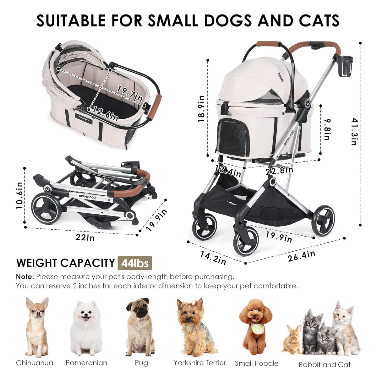 T3 Pro 3-in-1 Pet Stroller for Small Dogs & Cats – Foldable, Lightweight with Detachable Carrier