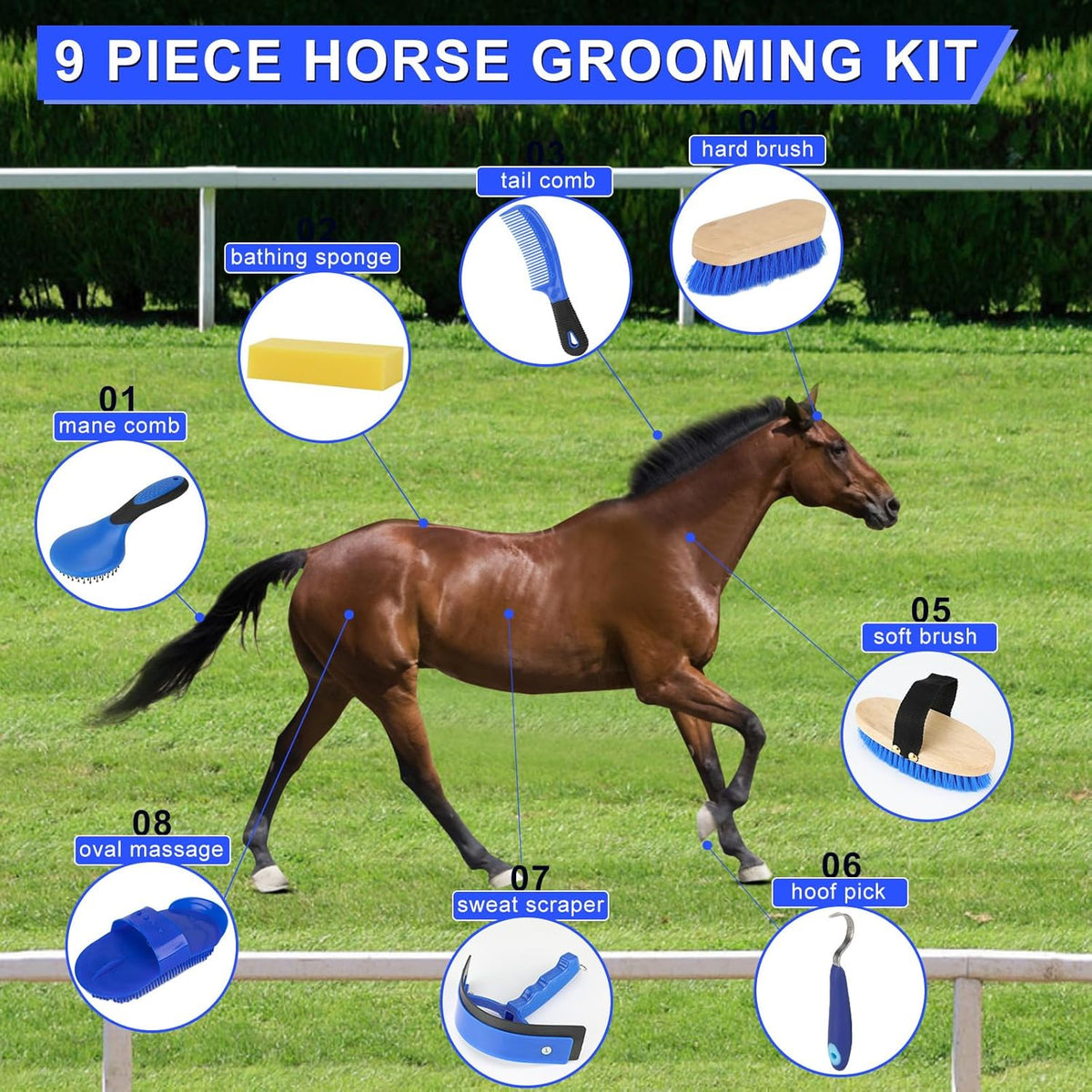 9 Pieces Grooming Kit with Tote Bag - Horse Brush Set, Sweat Scraper, Sponge, Hoof Pick, Curry Comb