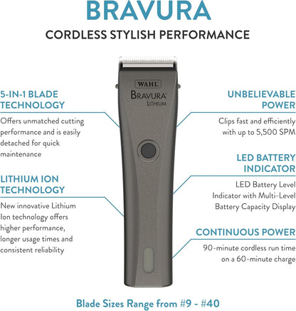 WAHL Professional Animal Bravura Lithium Ion Clipper - Pet, Dog, Cat, and Horse Corded/Cordless