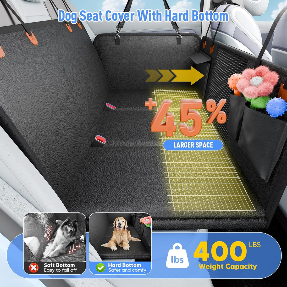 Back Seat Extender for Dogs, Dog Car Seat Cover for Back Seat with Hard Bottom,Waterproof Hammock