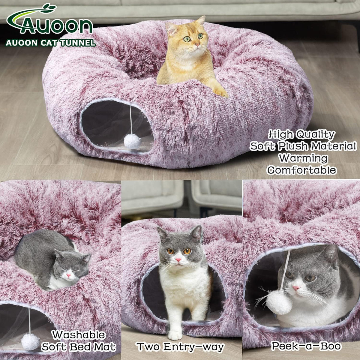 AUOON Cat Tunnel Bed for Indoor Cats - Circle Peekaboo Cat Cave with Washable Mat for Indoor Cats