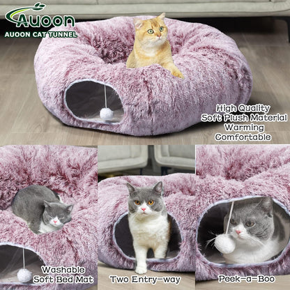 AUOON Cat Tunnel Bed for Indoor Cats - Circle Peekaboo Cat Cave with Washable Mat for Indoor Cats