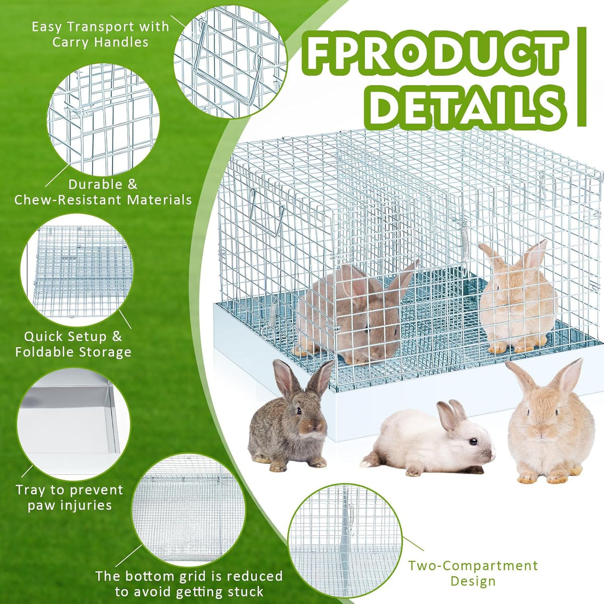 Folding Rabbit Cage, 18 x 18 x 14 in Portable Bunny Carrier with Tray and Handles for Transport