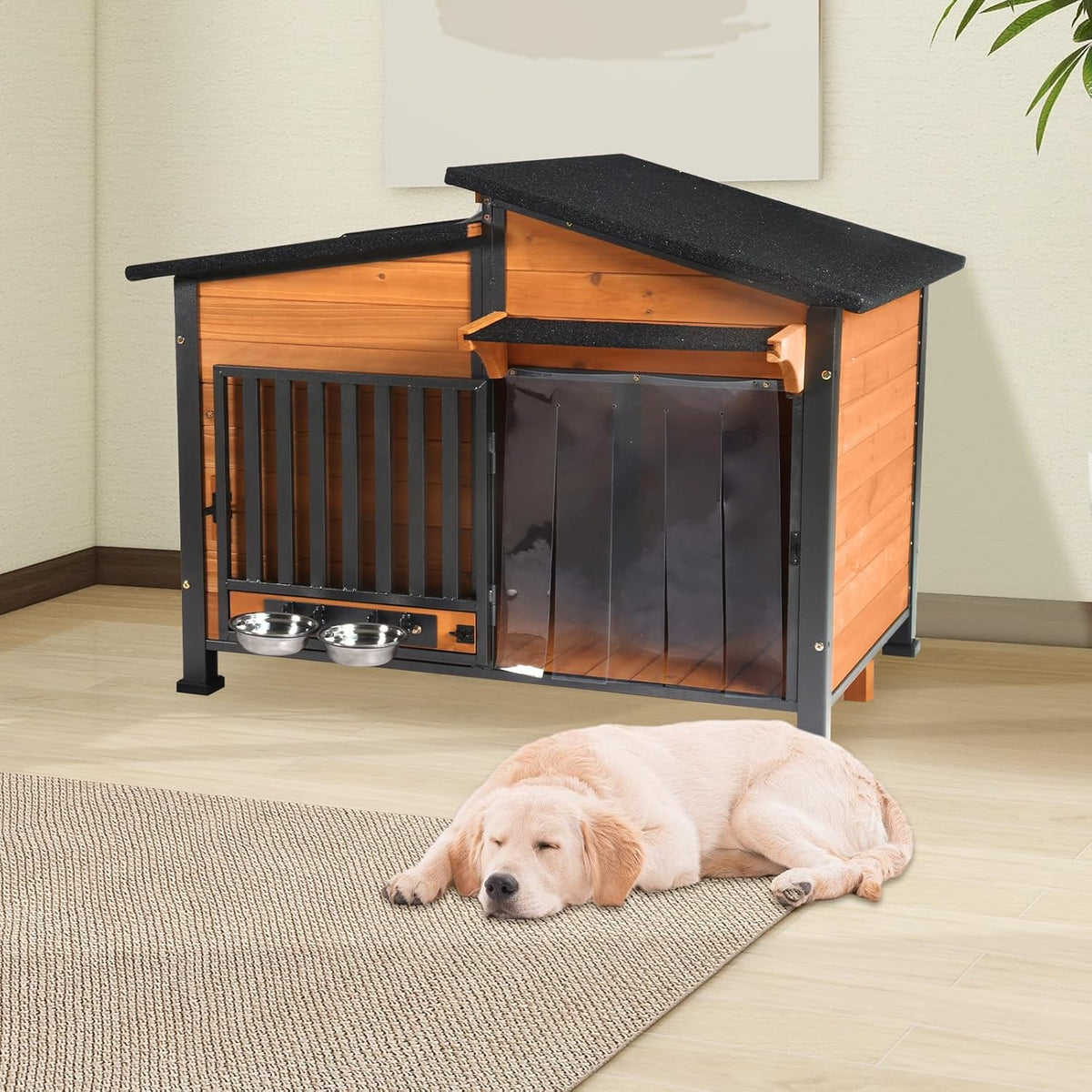 Chew-Resistant Dog House with Metal Frame, Wooden Kennel for Indoor & Outdoor Use, Waterproof Roof
