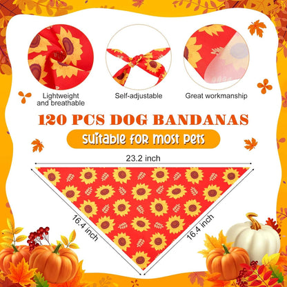 Sanwuta 120 Pcs Fall Thanksgiving Dog Bandanas Bulk, Dog Scarves for Small Medium Large Dogs Cats