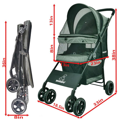 ROODO 4 Wheel Dog Cat Pet Stroller Best Lightweight Foldable Compact Portable Jogger All Terrain