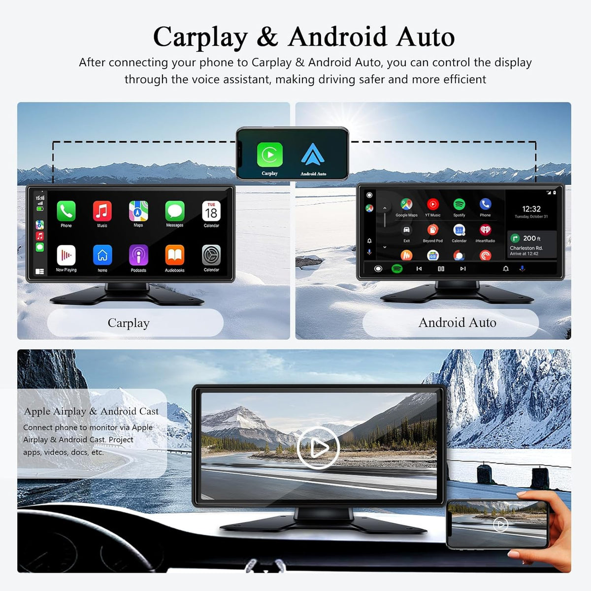 RV Backup Camera with Carplay Android Auto for RV Horse Trailer Semi Box Truck,1080P HD 4 Splits
