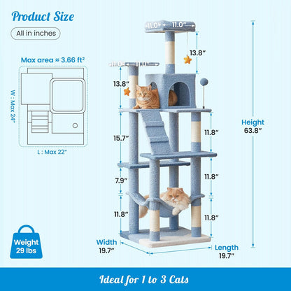 MWPO Ocean-Themed Cat Tree for Indoor Cats, 63.8 Inches Multi-Level Tower with Sisal-Covered