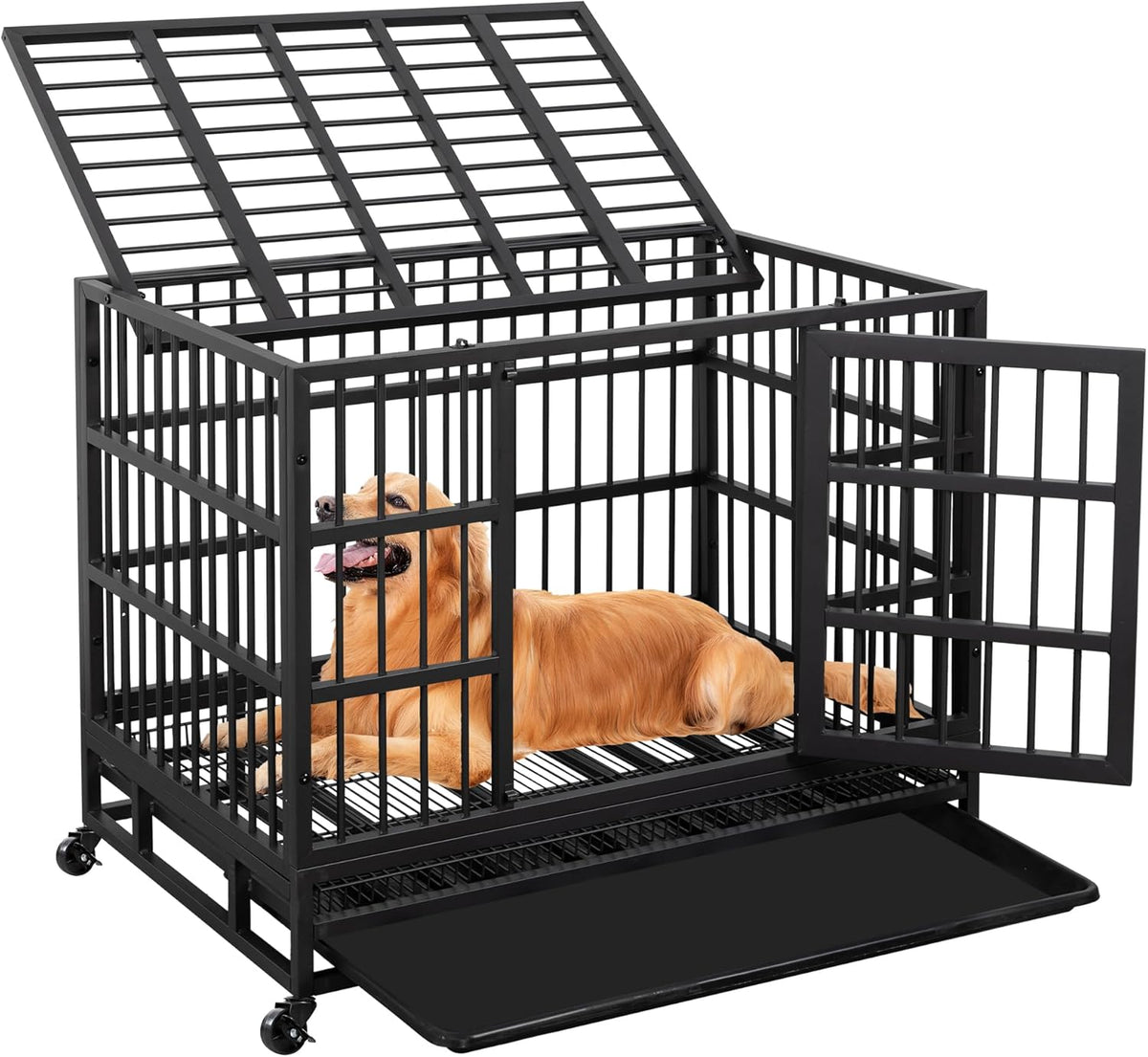 JY QAQA 48/38 Inch Heavy Duty Indestructible Dog Crate Double Doors Escape Proof Cage