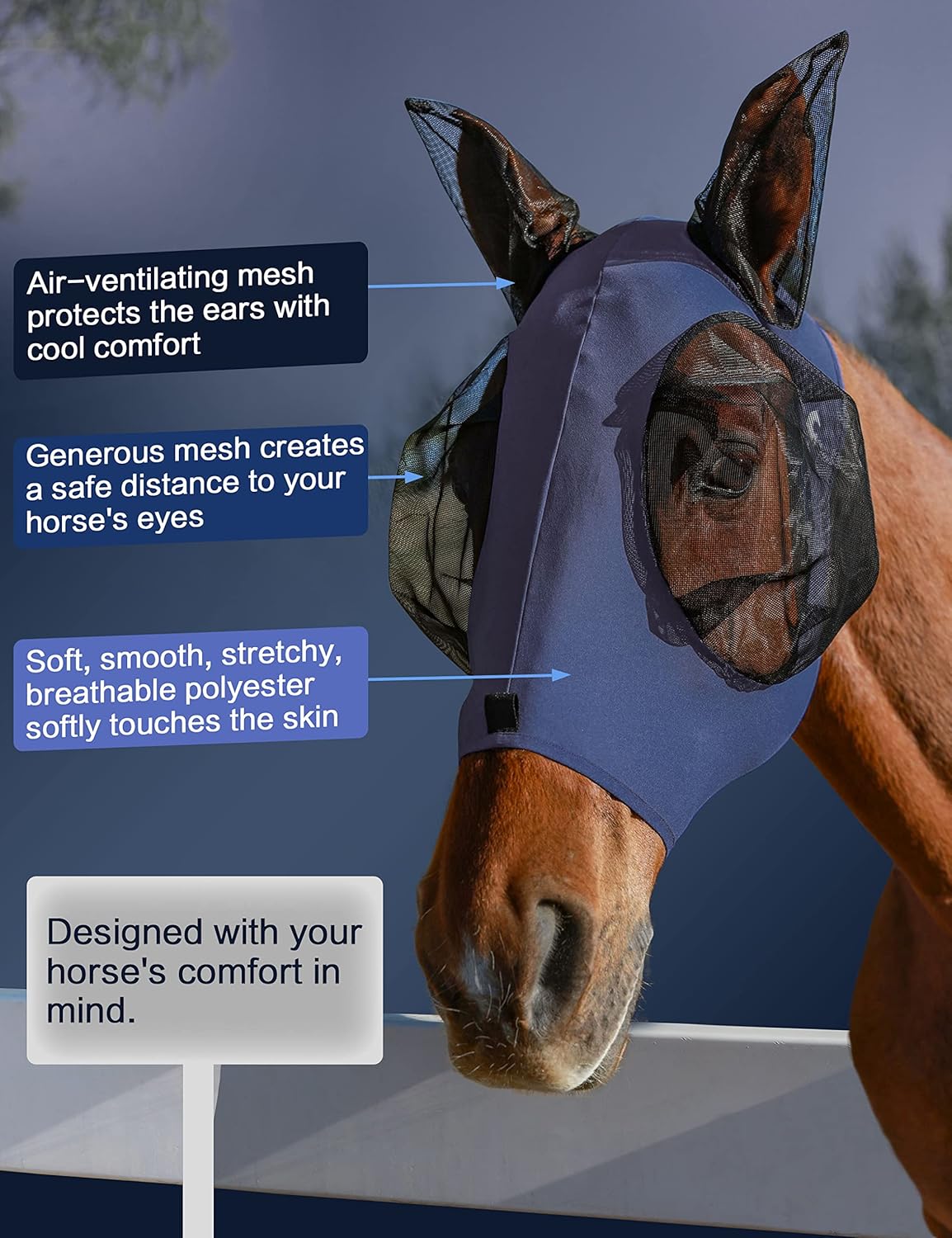 Horse Fly Mask with Ears, UV Protection Mask for Horses, Elasticity Mask with Big Mesh Eye Covers