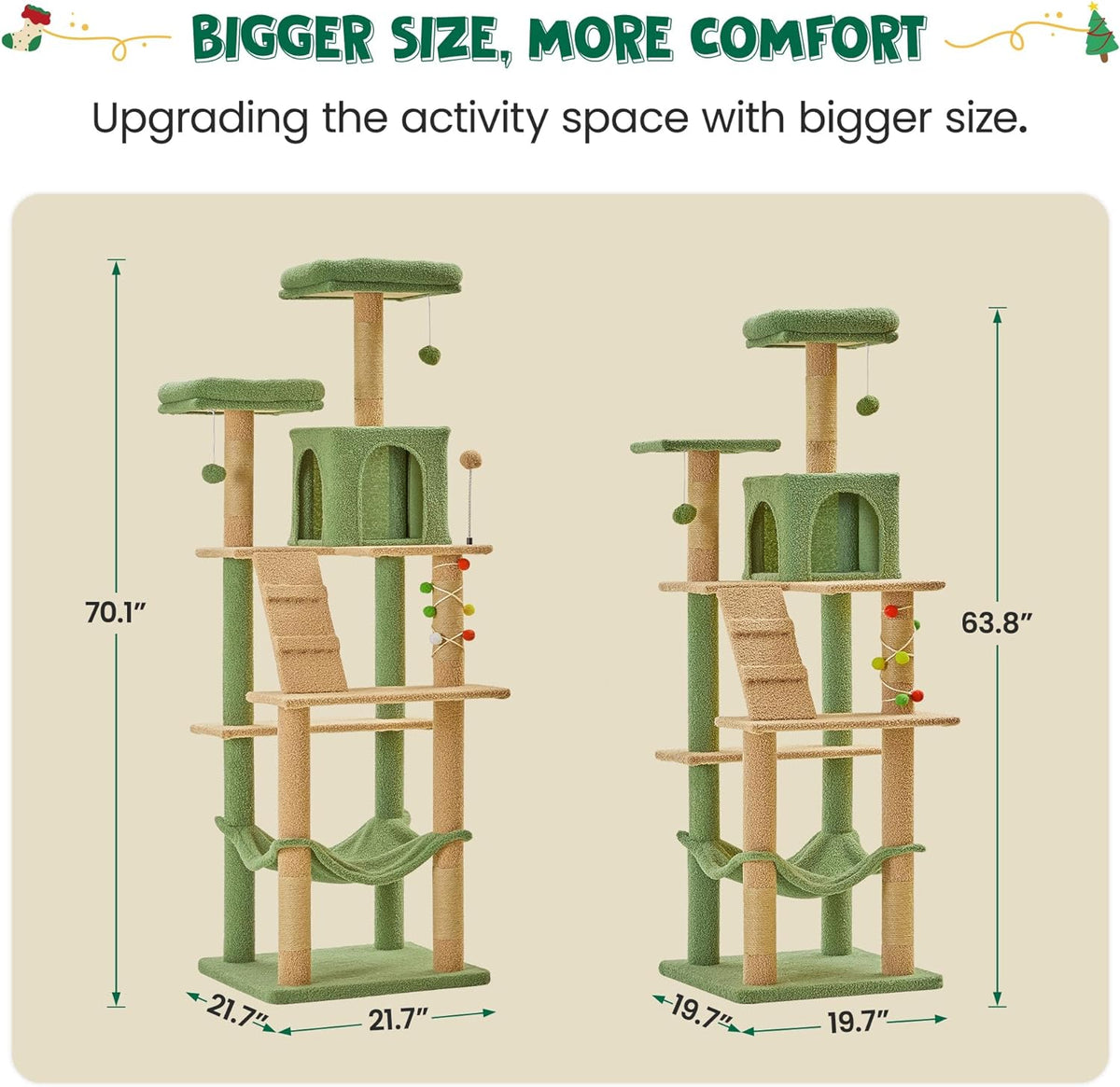 MWPO 70.1-Inch Green Large Cat Tree, Multi-Level Tall Cat Tower for Indoor Cats, Plush Cat Condo