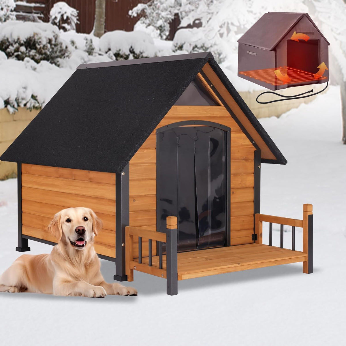 Large Outdoor Heated Dog House with Porch, All-Around Insulated Liner, Weatherproof Outside Dog