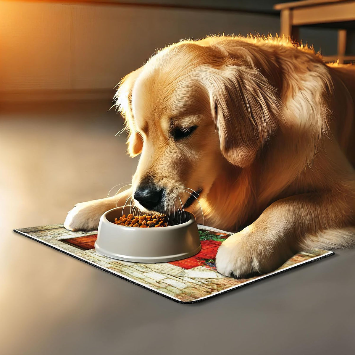 Lunarable Tuscan Pet Mat for Food and Water, Colorful Flowers Outside Home in Italian Hilltown