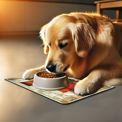 Lunarable Tuscan Pet Mat for Food and Water, Colorful Flowers Outside Home in Italian Hilltown