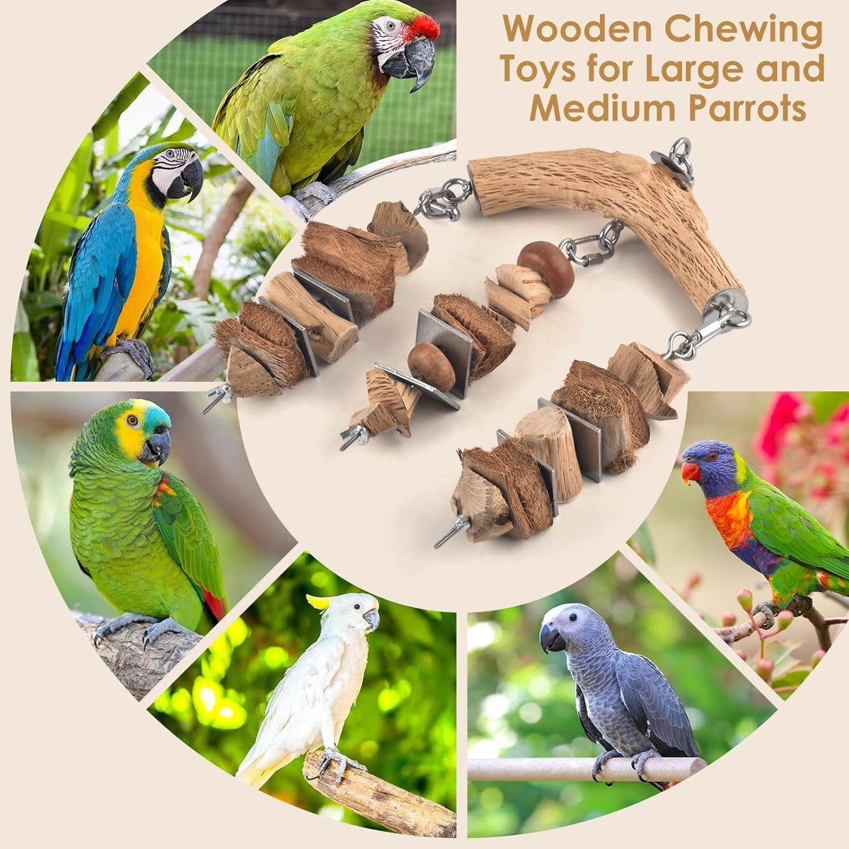 Bird Parrot Toys, Large Birds Wooden Chew Blocks with Stainless Steel Cage Hanging Bite Toy for
