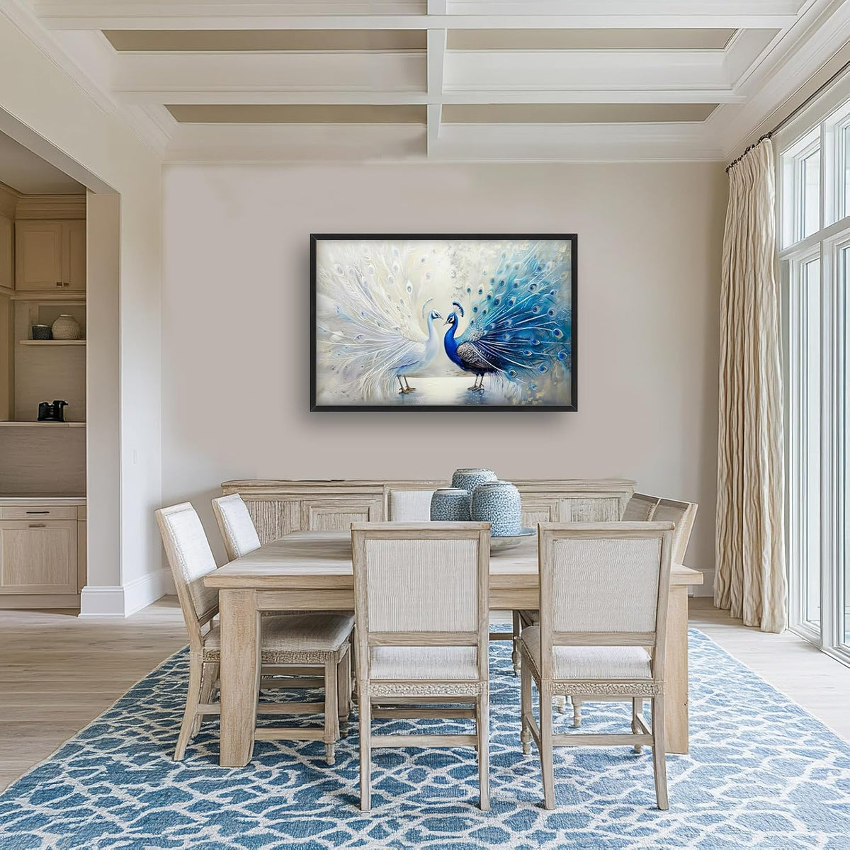 Quorin Peacock Large Wall Art Blue and White Pictures Elegant Animal Wall Decor Canvas Print