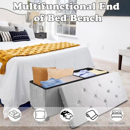 Storage Ottoman Bench, 43 Inch Foldable Ottoman with Legs, Velvet Foot Rest Stool, End of Bed