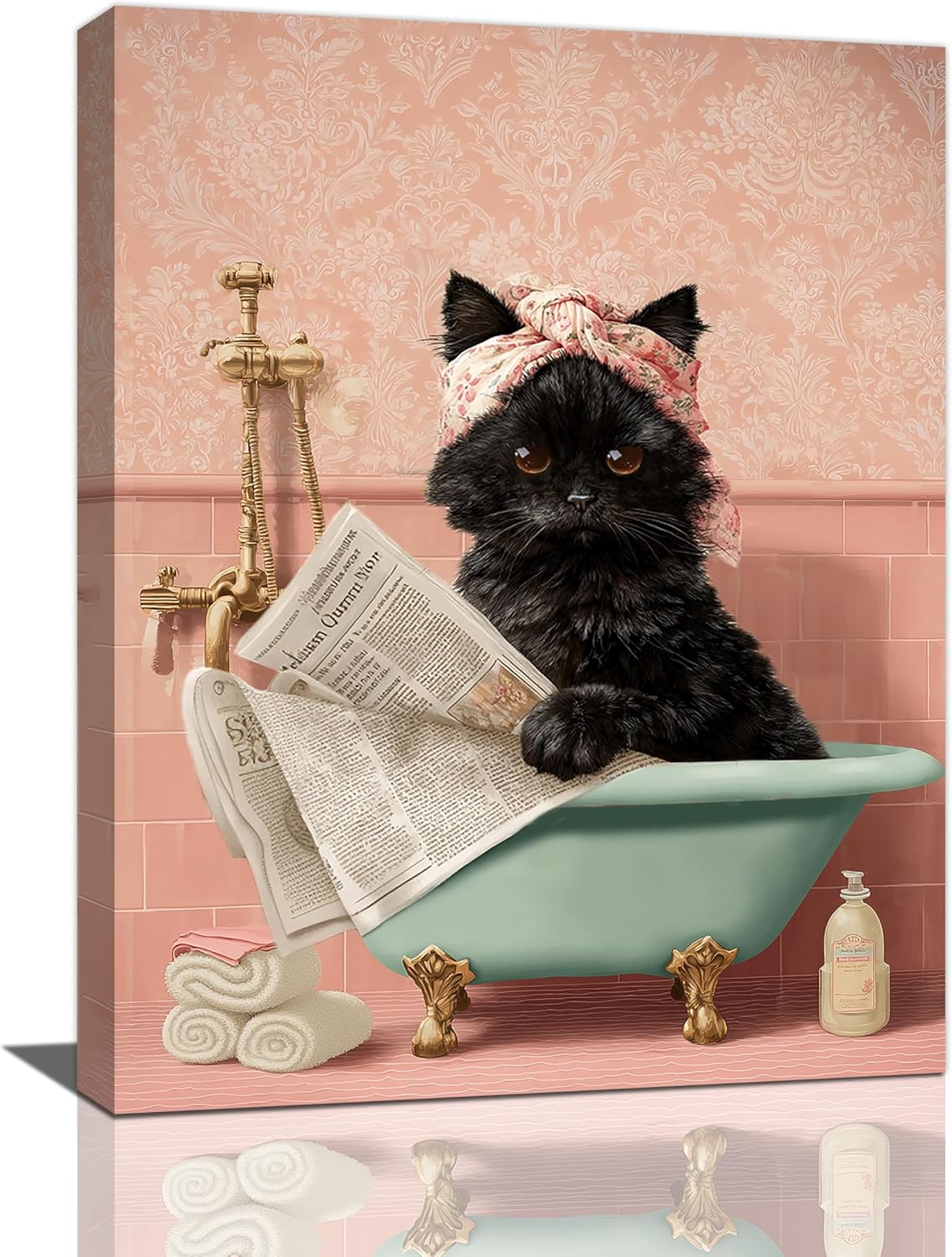 Cat Bathroom Wall Decor Black Cat Reading Newspaper in Bathtub Canvas Wall Art Funny Bathroom