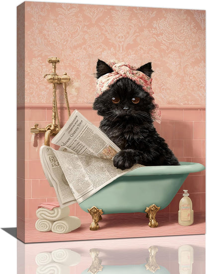 Cat Bathroom Wall Decor Black Cat Reading Newspaper in Bathtub Canvas Wall Art Funny Bathroom