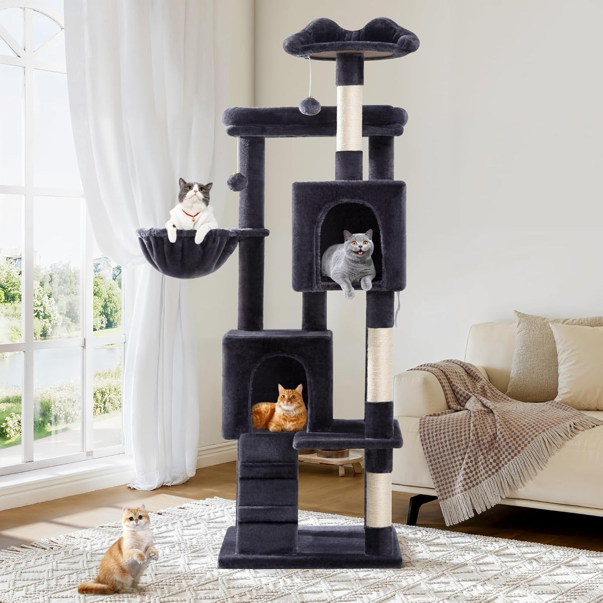 Allewie 64 Inches Cat Tree Tower/Multi-Level Activity Center for Indoor Big Felines/2 Plush