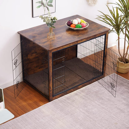 DWANTON Dog Crate Furniture with Cushion, Wooden Kennel Table with Double Doors, Indoor Dog House