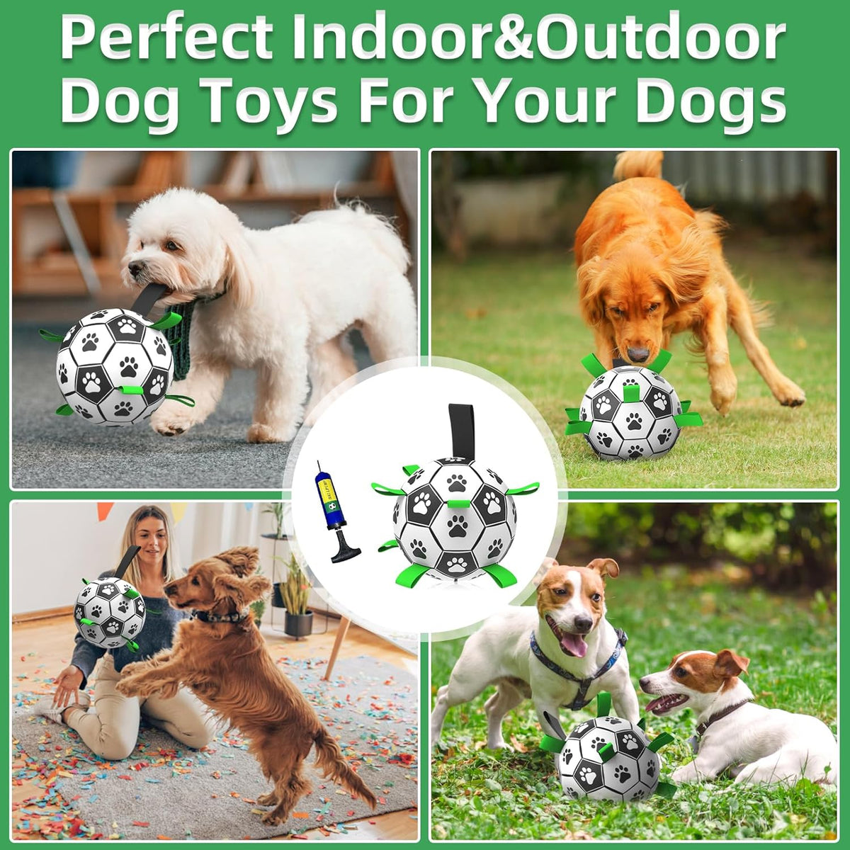 QDAN 2 PCS Dog Toys Soccer Ball Set with Straps, Interactive Dog Toys for Tug of War, Puppy