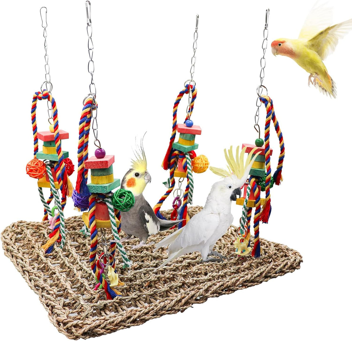Large Bird Swing Toys, Colorful Parrot Seagrass Mat Hammock with Blocks, Bird Foraging Toy, Bird