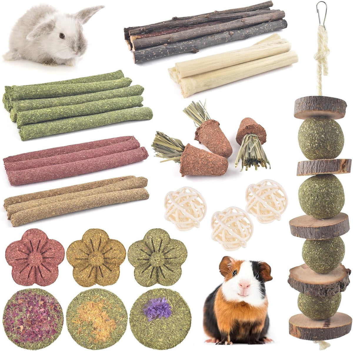 ERKOON Bunny Toys Boredom, 42 PCS Bunnies Timothy Hay Sticks Carrots Rose Grass Cake Dental Care