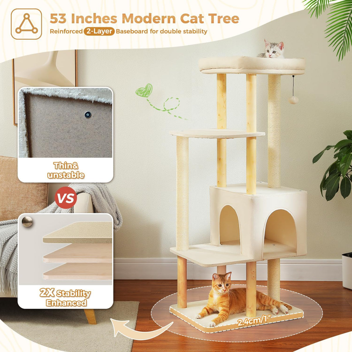 PAWZ Road Large Cat Tree, 53 Inches Modern Wooden Cat Tower for Indoor Large Cats, Multi-Level Cat
