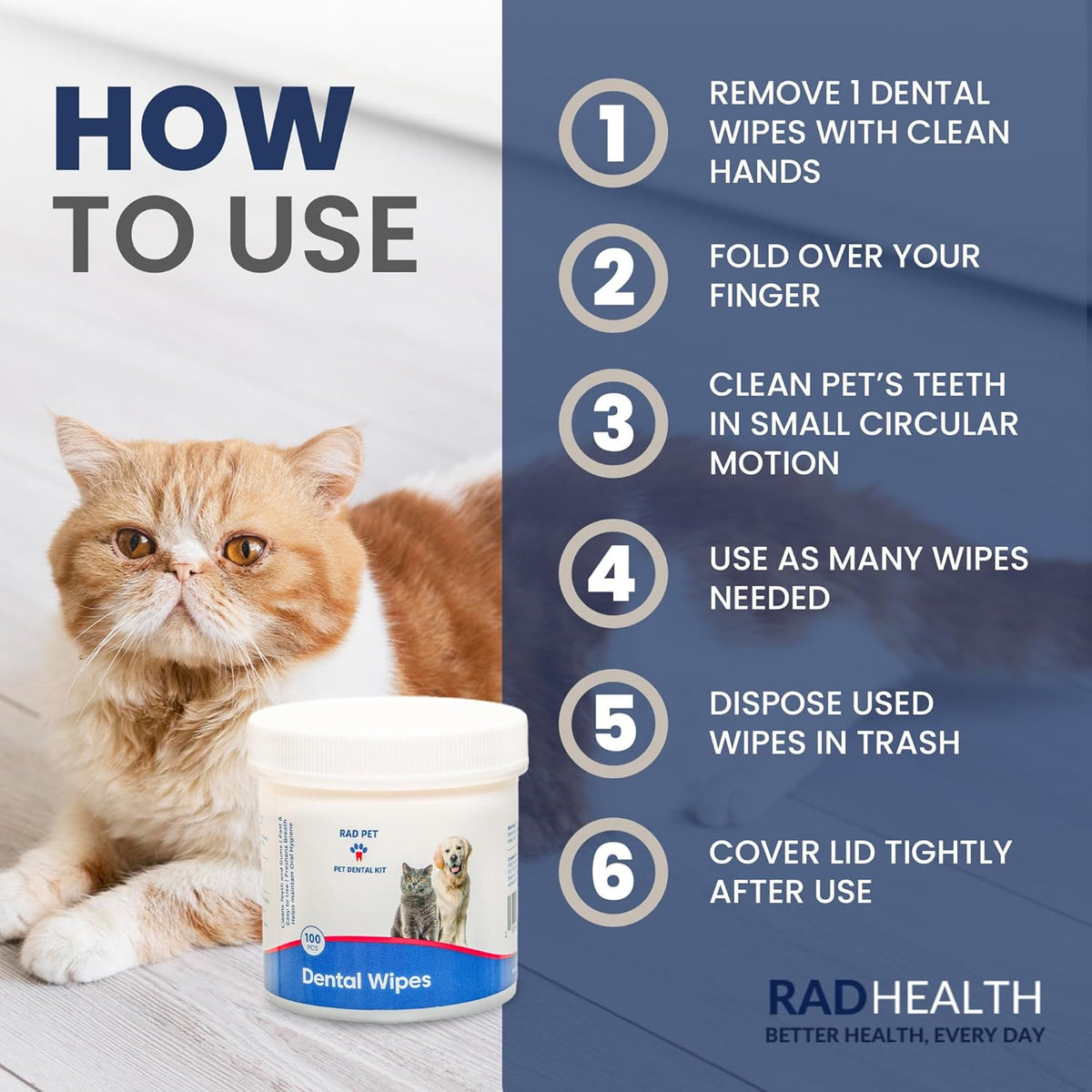 Rad Health Dog Dental Wipes - 100ct Pet Dental Finger Wipes, Easy No-Brush Teeth Cleaning, Removes