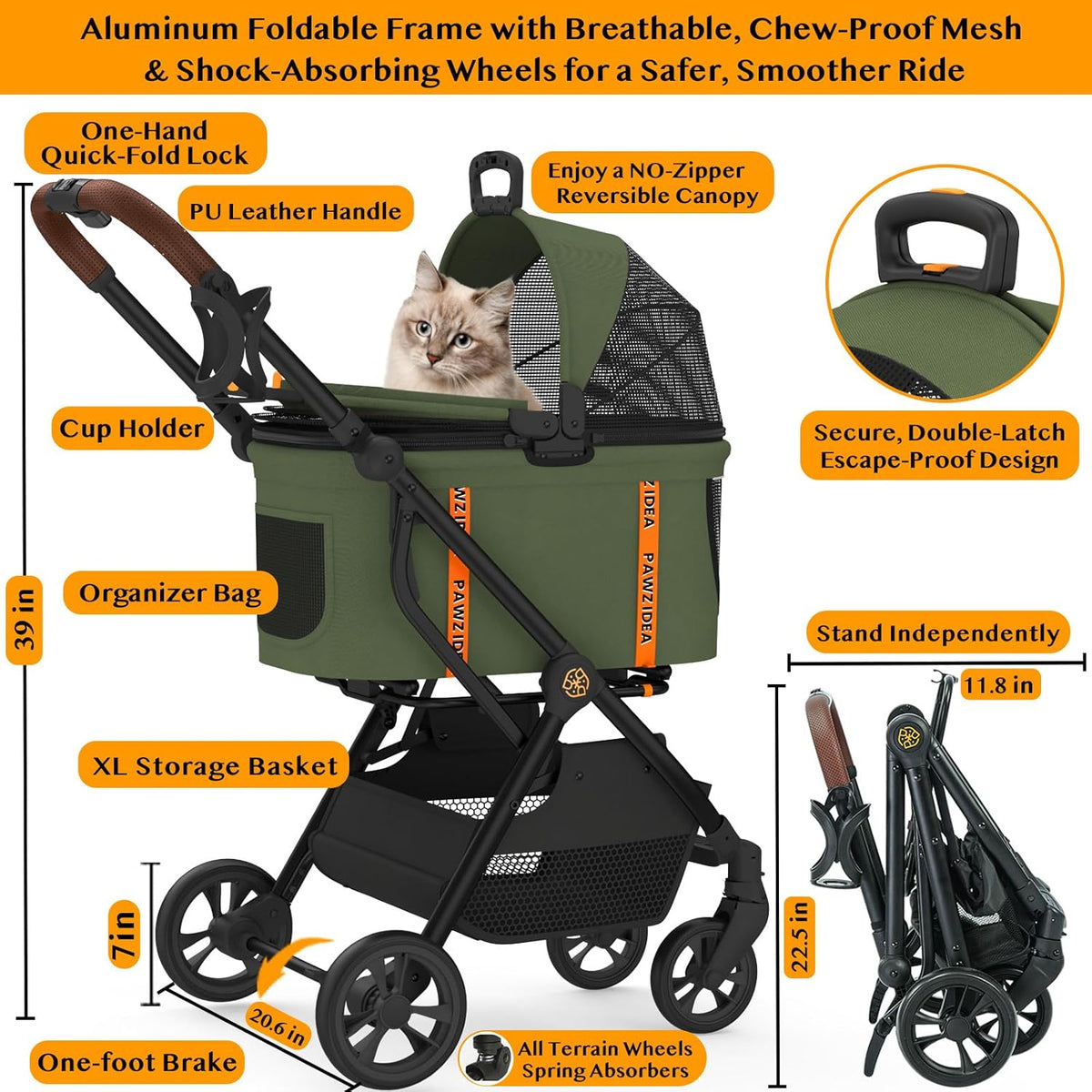 PAWZIDEA Cat Stroller 4 in 1, Pet Stroller for Small/Medium Dogs with Detachable Carrier Easy Lock
