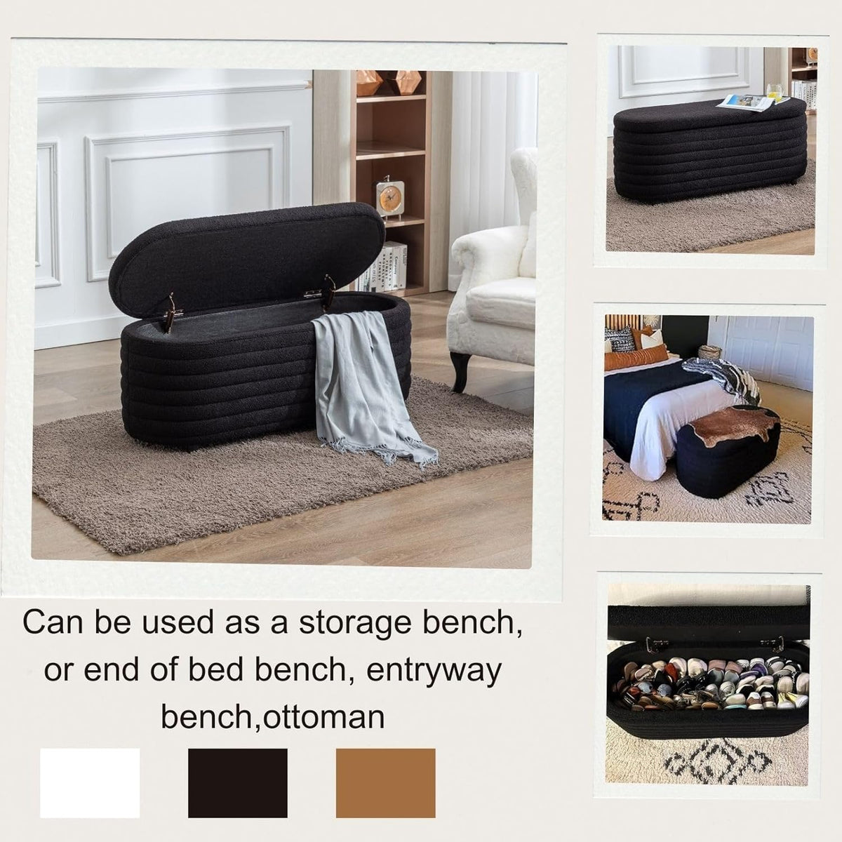 Storage Ottoman Bench Upholstered Fabric Storage Bench End of Bed Stool with Safety Hinge for