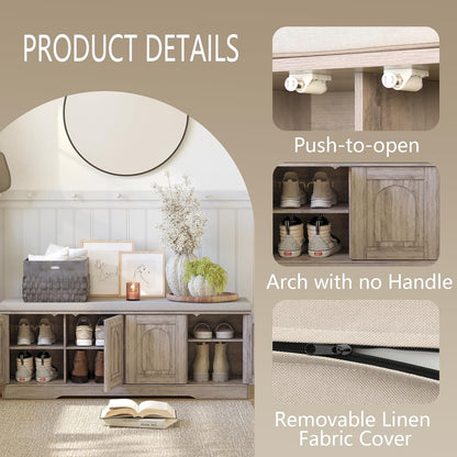 DINZI LVJ Shoe Bench, Entryway Storage Bench with Doors, Cushion, 2-Tier Shoe Rack with 8-Cubby