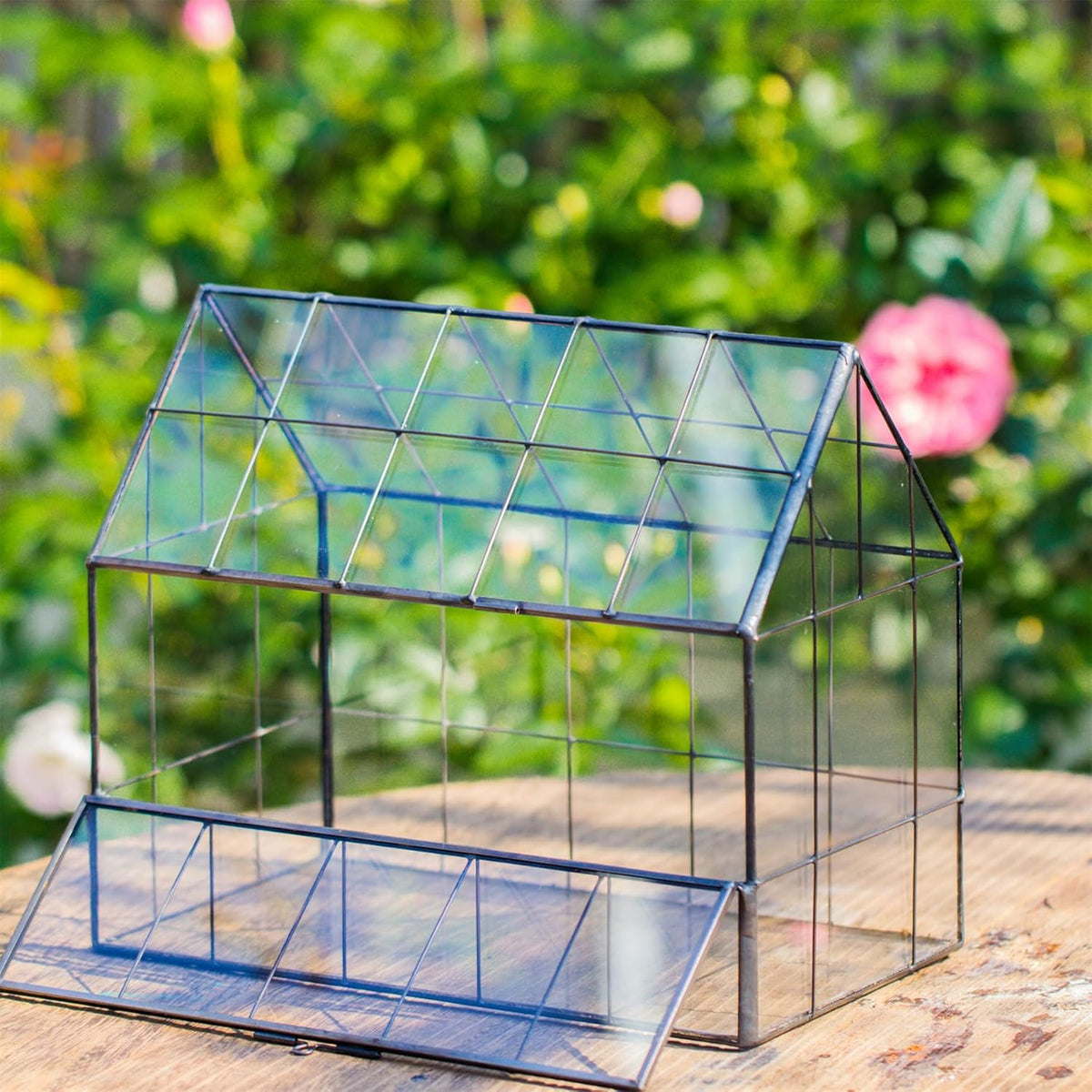NCYP Geometric Glass Terrarium with Front Opening Door, House Shape Closed Micro Landscape Planter