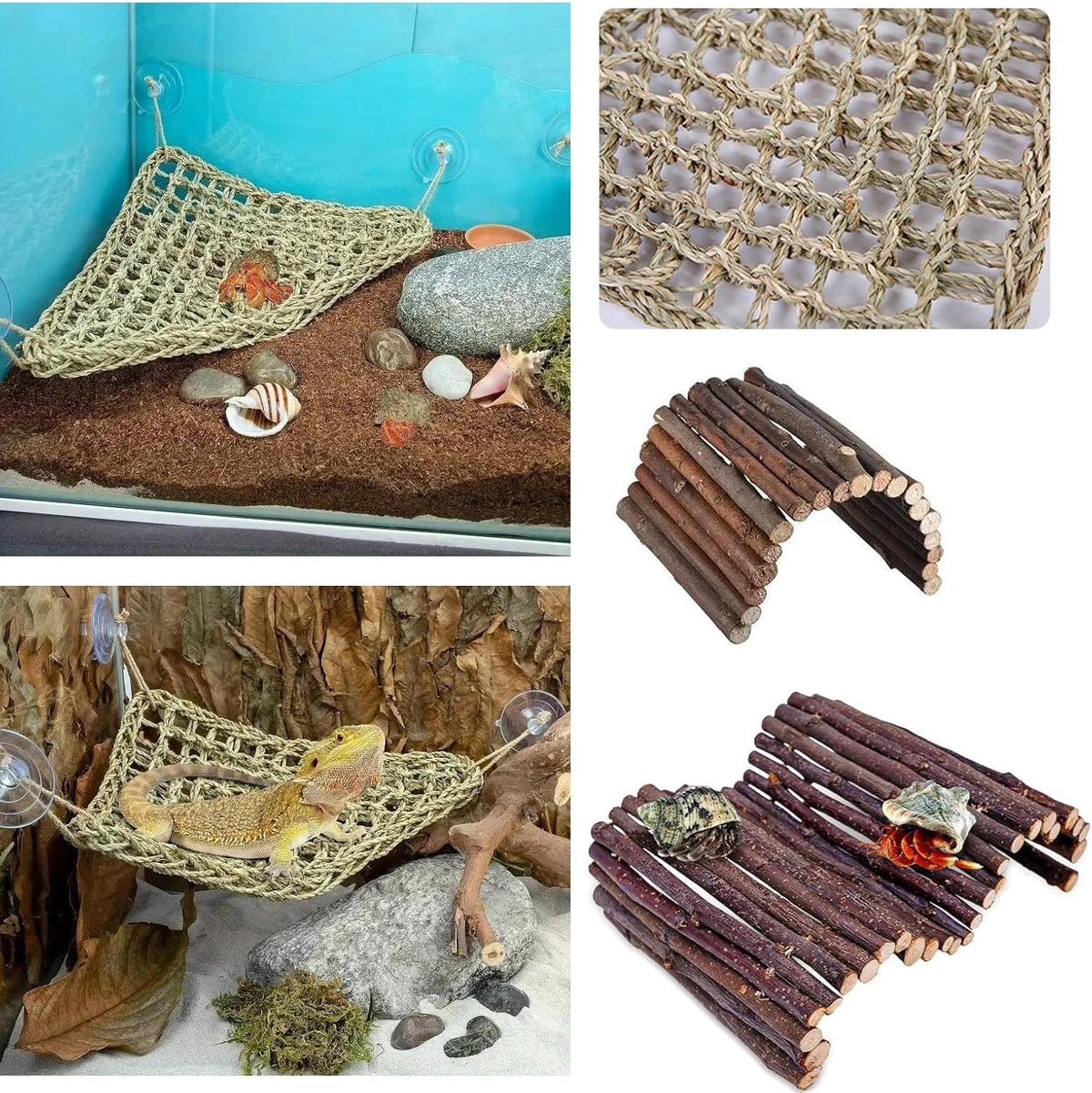 Bearded Dragon Tank Accessories Set: Reptile Habitat Decor with Climbing Hammock Toys, Natural Wood