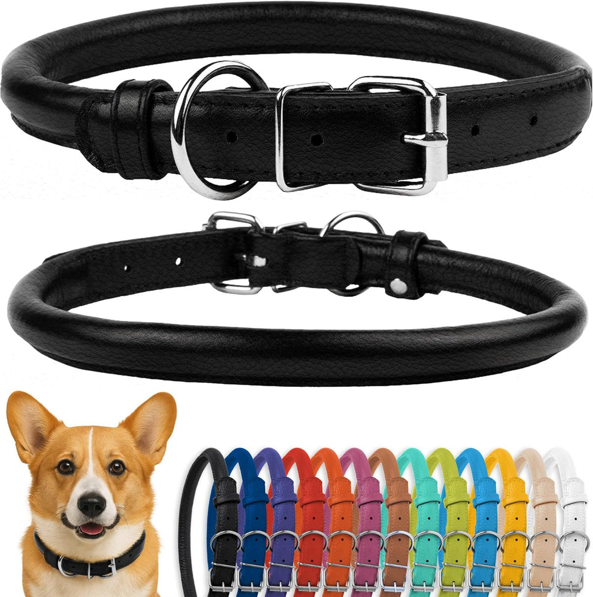 CollarDirect Rolled Leather Dog Collar, Soft Padded Round Puppy Collar, Handmade Genuine Leather