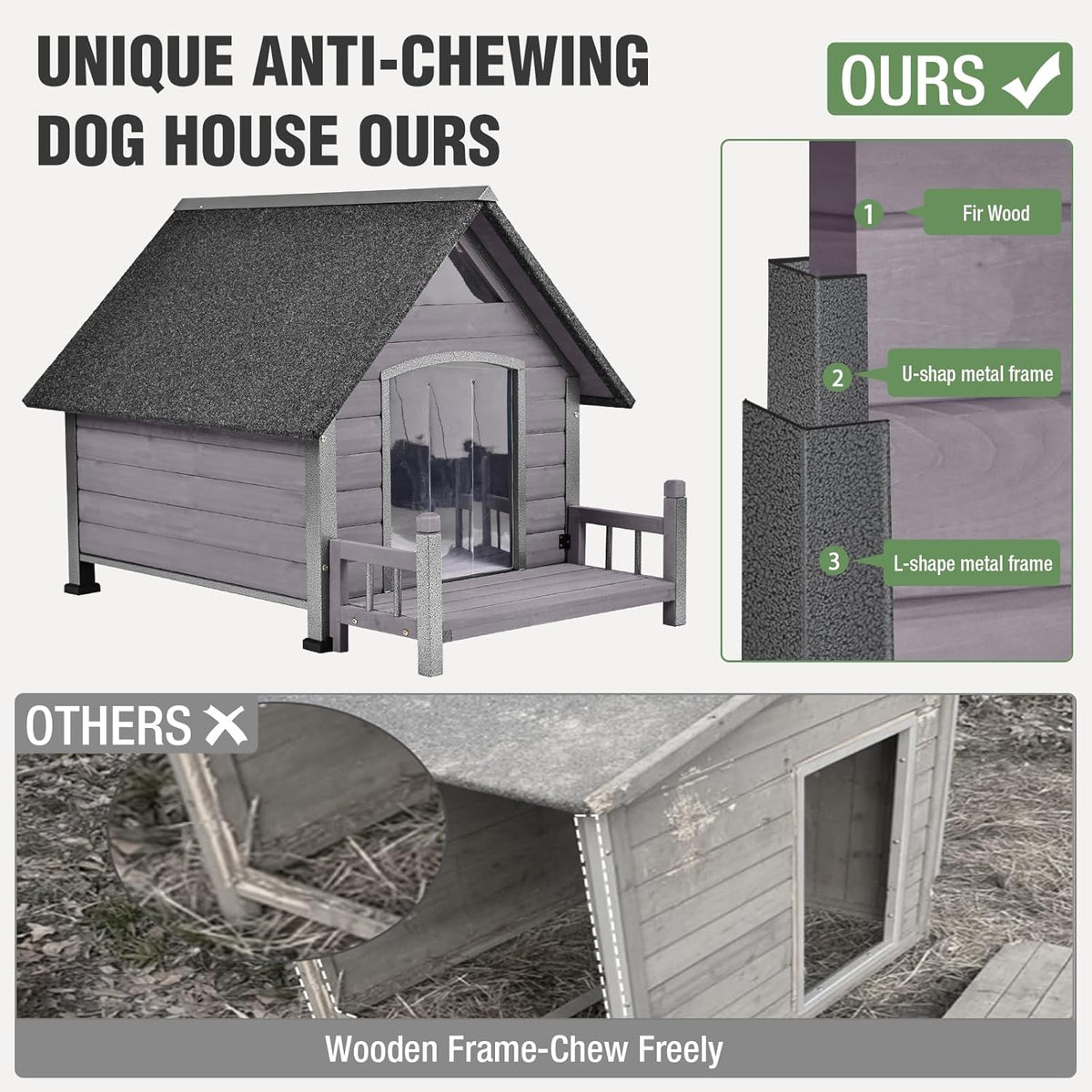 Dog House Outdoor with Anti-Chewing Iron Frame, Weatherproof Dog Kennel for Small Medium Large Dogs