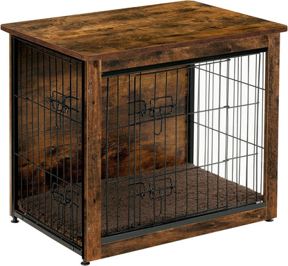 DWANTON Dog Crate Furniture with Cushion, Wooden Kennel Table with Double Doors, Indoor Dog House