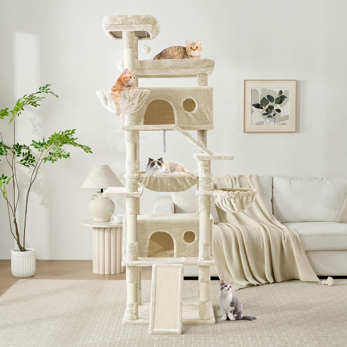 Cat Tree, 80-Inch Large Cat Tower with 9 Scratching Posts, 2 Perches, 2 Caves, 2 Basket, 2 Stairs